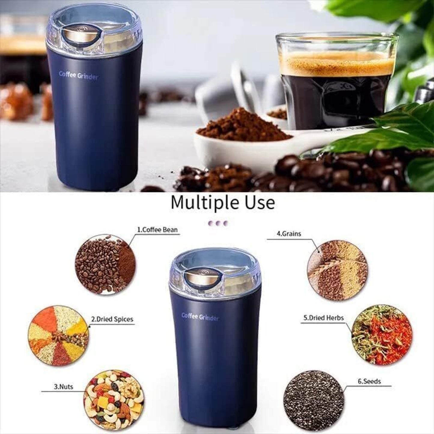 Electric Coffee Grinder Machine with Stainless Steel Blades, Portable Coffee Bean & Spice Grinder for Masala, Dry Herbs, Nuts & Kitchen Use with Push Button Control