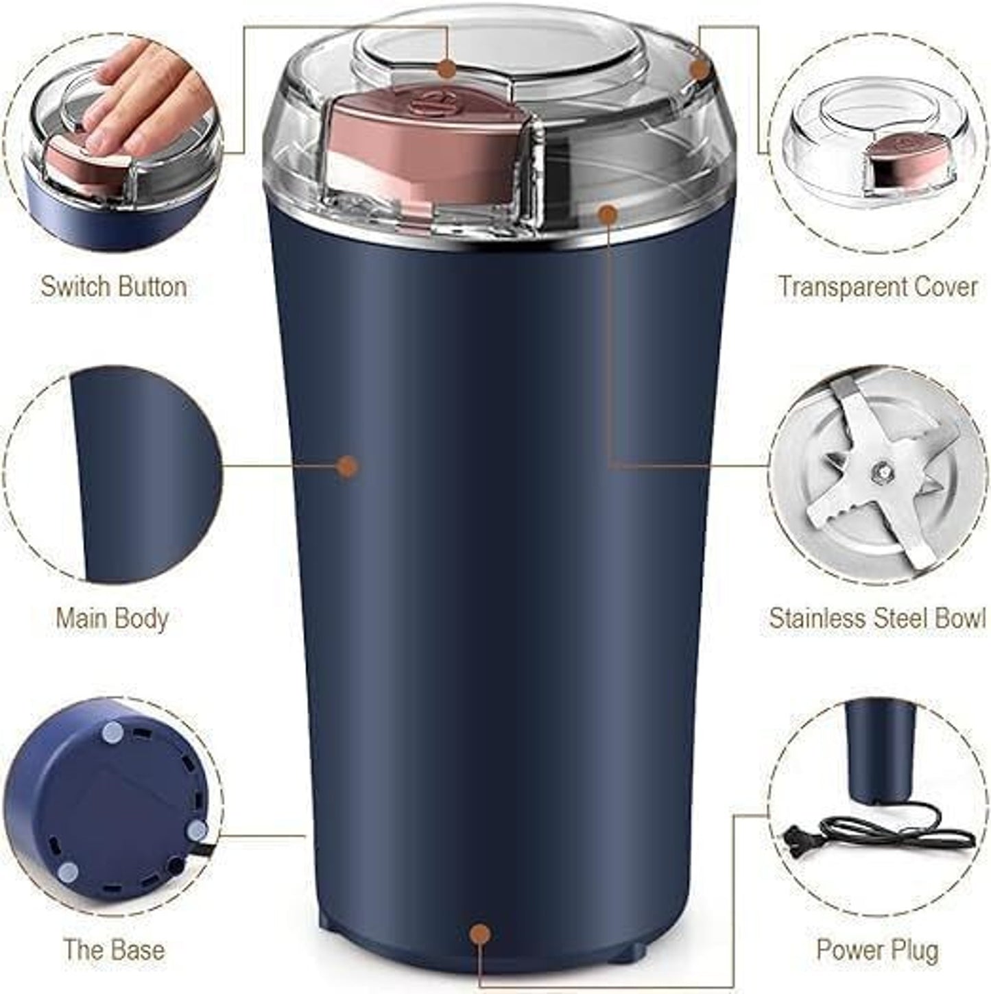 Electric Coffee Grinder Machine with Stainless Steel Blades, Portable Coffee Bean & Spice Grinder for Masala, Dry Herbs, Nuts & Kitchen Use with Push Button Control